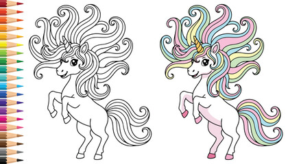 Unicorn standing on its hind legs with a beautiful wavy mane and a spiral horn for a coloring page © Vexello