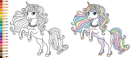 Unicorn portrait featuring a beautiful wavy mane and a flower necklace for a magical coloring page © Vexello