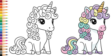 Unicorn portrait featuring a beautiful curly mane and a golden spiral horn for a magical coloring page © Vexello