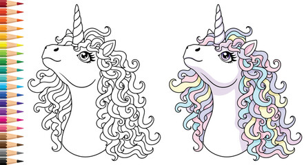 Unicorn portrait featuring a beautiful curly mane and a spiral horn for a magical kids coloring page © Vexello