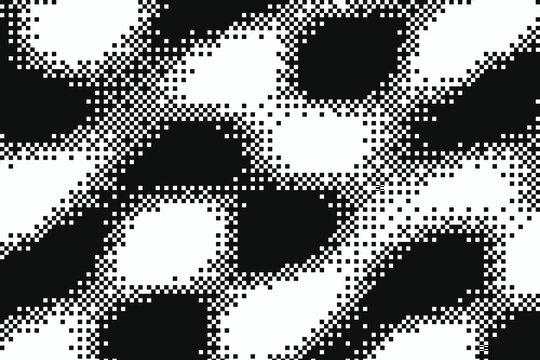 Black and white pixelated abstract pattern with flowing shapes and gradients