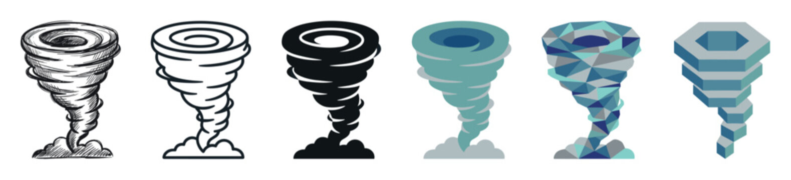 Tornado hurricane cyclone storm icons in various styles including sketch, outline, solid, flat, polygonal, and isometric vector illustration