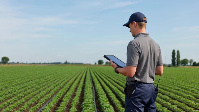 Modern Farmer Using Digital Tablet to Monitor Crop Growth and Agricultural Data in a Green Field