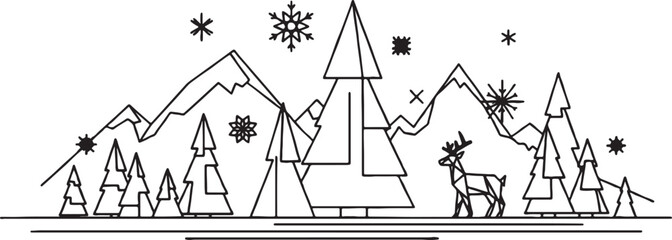 Abstract geometric winter landscape line art featuring snowy mountains pine trees snowflakes a reindeer stag suitable for holiday greeting cards and seasonal background art, landscape © MSTESIRON