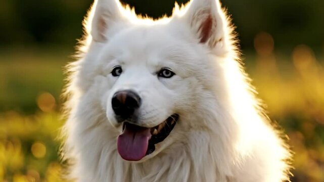 Happy white Samoyed dog with blue eyes panting in golden sunlight outdoors during daytime, feeling calm and relaxed