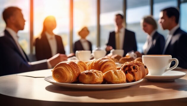 a networking coffee break at a corporate event participants mingling with blurred focus on elegant pastries and coffee cups