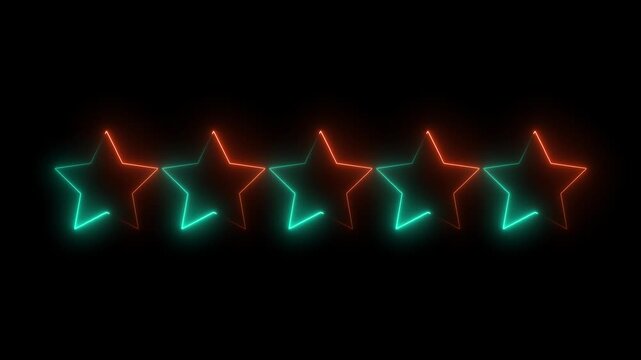 Neon 5 star animation. Animated neon 5 star logo. Five star rating icon animated video, animation video isolated on alpha channel background.