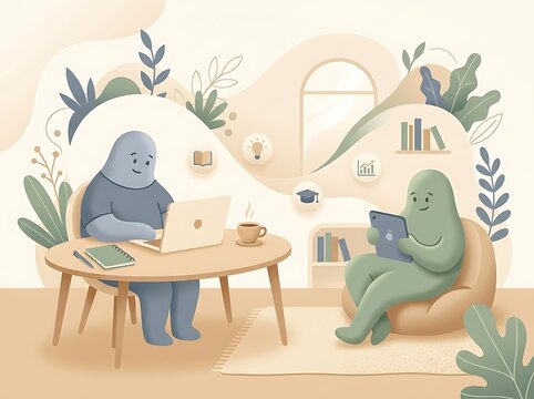 Two sloths working on laptop and tablet in a cozy room