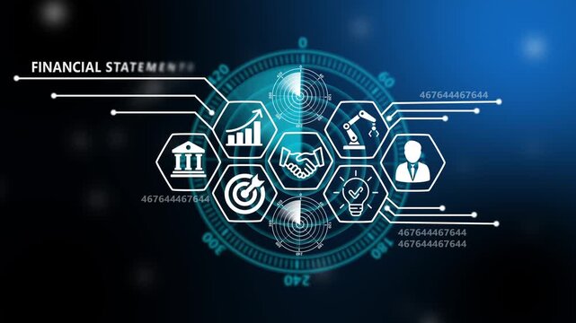 Financial Statement Management and Digital Transformation Technology Background. Digital Rader searching system concept. signal waves, searching icon. 4k video