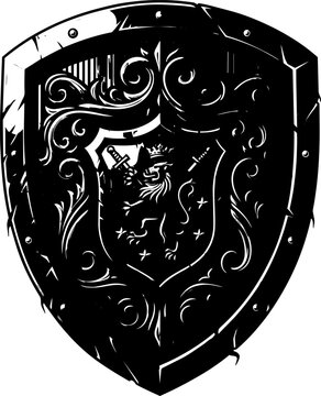 Distressed medieval shield with ornate lion and crown emblem