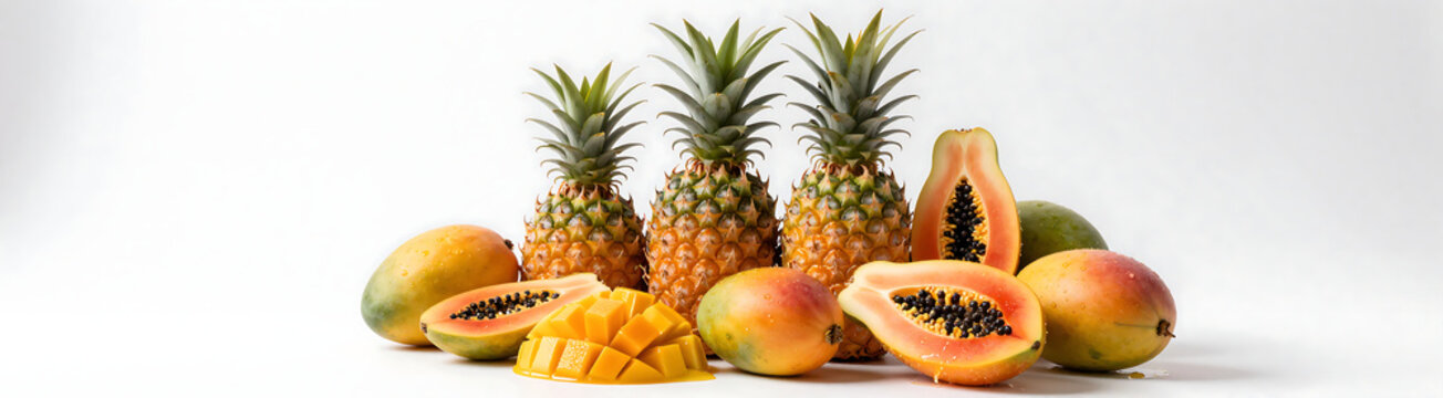 vibrant colorful tropical fruits pineapples mangoes arranged pyramid shape white studio backdrop slight soft