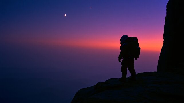 solitary astronaut silhouette beneath crescent moon in surreal twilight landscape