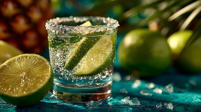 Silver tequila shot glass beside classic gin and tonic with lime images