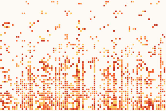 Abstract burst of orange and yellow pixels scattered across a white background