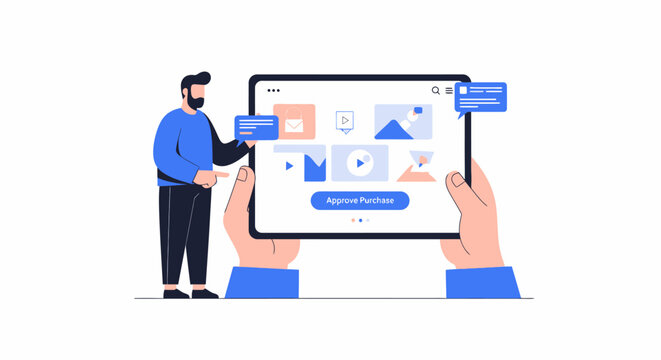 Online Marketplace and Content Licensing Concept with Man Approving Purchase on a Digital Tablet UI, Flat Vector Illustration