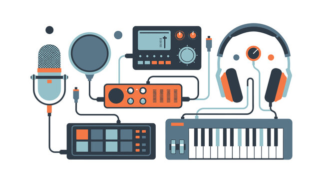 Professional Music Production and Audio Recording Studio Equipment Vector Illustration