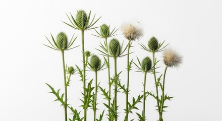 Fototapeta premium Wild Teasel Dipsacus Fullonum Flower Heads and Seed Pods Isolated on White Background
