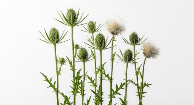 Wild Teasel Dipsacus Fullonum Flower Heads and Seed Pods Isolated on White Background
