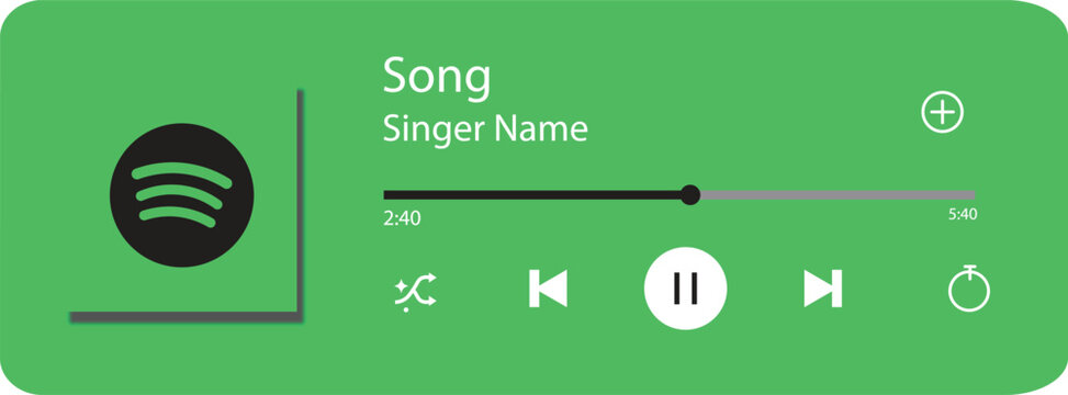 Spotify Style Music Player UI Template and Mockup withPlaylist Album Cover Playback Controls Search Library Podcast Streaming.  Play Button for Mobile App or Streaming Interface. Logo Vector Design
