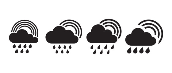 Fototapeta premium Set of four black cloud icons with rain and rainbow elements, simple weather symbols.