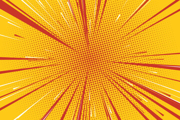 Fototapeta premium Dynamic yellow halftone radial burst with red and white speed lines dots
