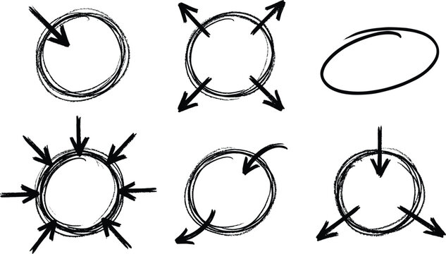 Set of rough hand drawn ink circles with directional arrows icons