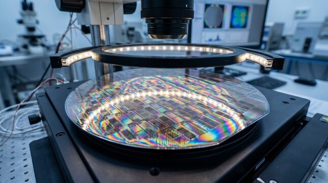 Technicians examine colorful disk arrays on an inspection machine in a lab.