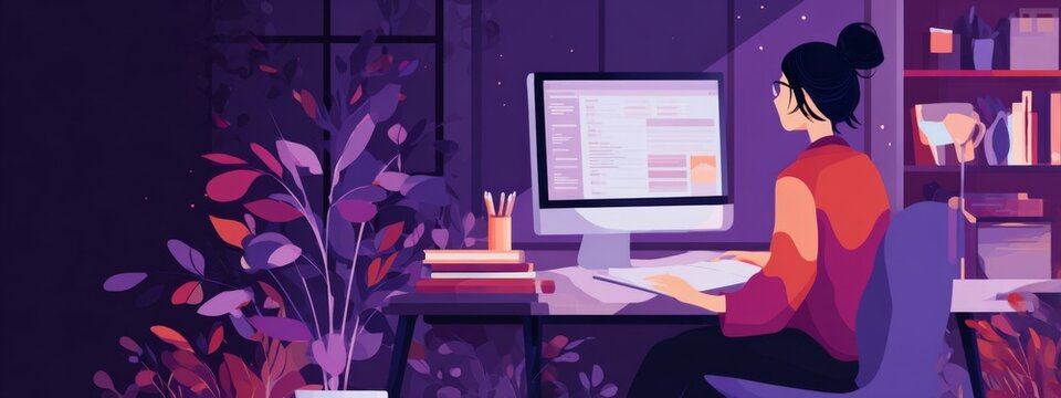 Young Woman Utilizing AI Note Taking Assistant for Online Classwork and Study Amidst a Cozy Study Environment