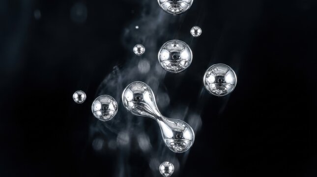 Reflective metallic liquid droplets frozen mid-air in abstract formation