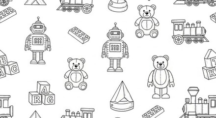 Obraz premium Seamless Black and White Hand Drawn Toy Pattern with Robots Teddy Bears Trains and Building Blocks for Kids