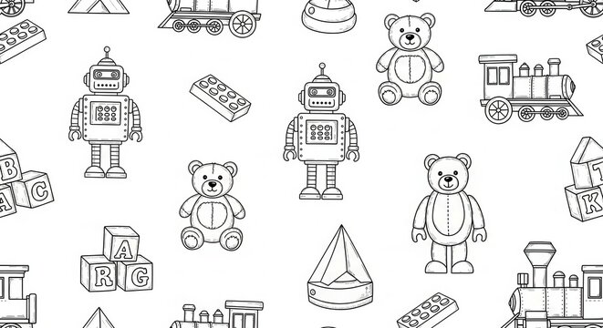Seamless Black and White Hand Drawn Toy Pattern with Robots Teddy Bears Trains and Building Blocks for Kids