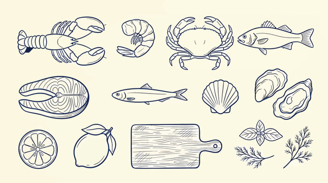 Set of seafood, fish, lemon, herbs and cutting board for cooking, hand drawn vector illustration