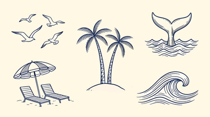 Set of handdrawn beach elements, including palm trees, seagulls, a whale tail, a beach umbrella with lounge chairs, and an ocean wave © SampaRani