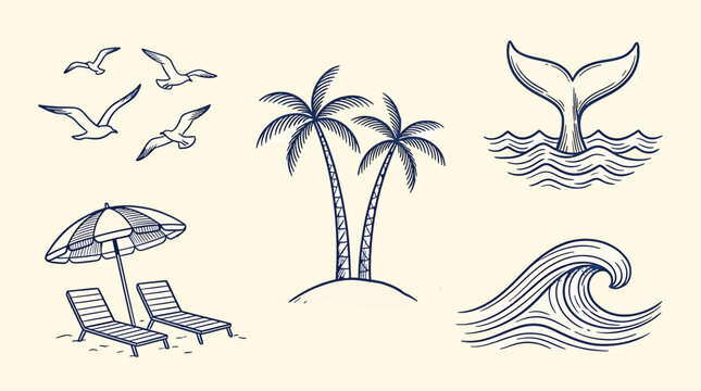 Set of handdrawn beach elements, including palm trees, seagulls, a whale tail, a beach umbrella with lounge chairs, and an ocean wave