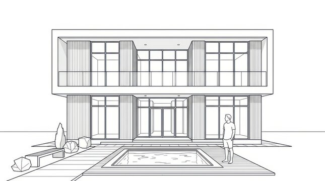 Modern minimalist house exterior with pool and man architectural line drawing illustration