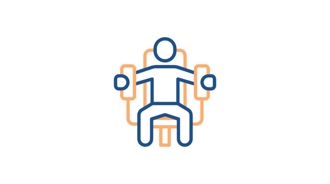 Line art icon of a person sitting and working out on a chest press exercise machine.