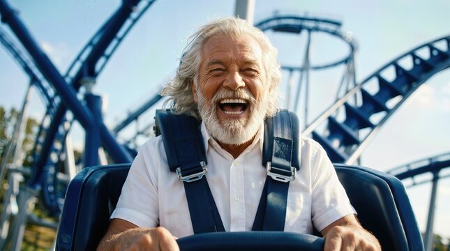 Senior man with gray hair and beard enjoys roller coaster ride, smiling widely while secured in safety harness, amusement park background with blue roller coaster tracks visible