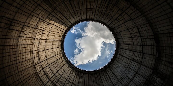 Looking up through industrial cooling tower into bright blue sky with clouds.