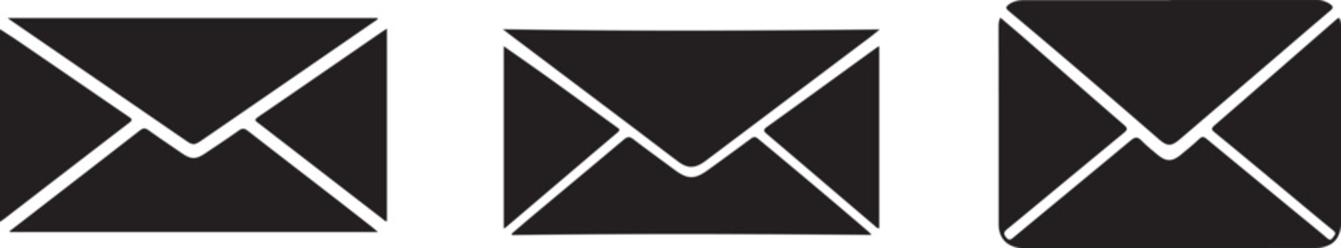 Three black envelopes with white outlines on white background for communication and mail concepts