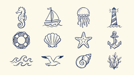 Set of hand drawn nautical and marine elements, collection of sea life icons, vector illustration of ocean creatures and maritime objects © SampaRani