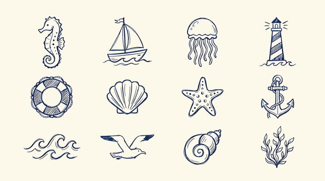 Set of hand drawn nautical and marine elements, collection of sea life icons, vector illustration of ocean creatures and maritime objects