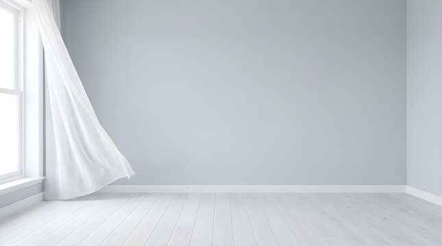 Minimalist Empty Room with Light Blue Wall and Blowing White Curtain Mockup
