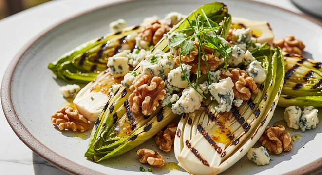 Grilled endive salad with walnuts and blue cheese on a plate. This gourmet vegetarian appetizer is for fine dining restaurant menus and winter seasonal food photography.