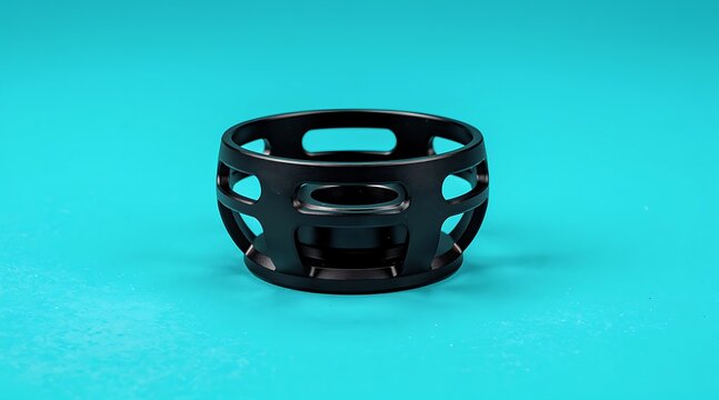 Black plastic cage-like object with open design, isolated on a blue background.