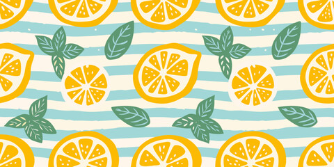 Lemon and mint leaf pattern a repeating summery vector illustration © Juran