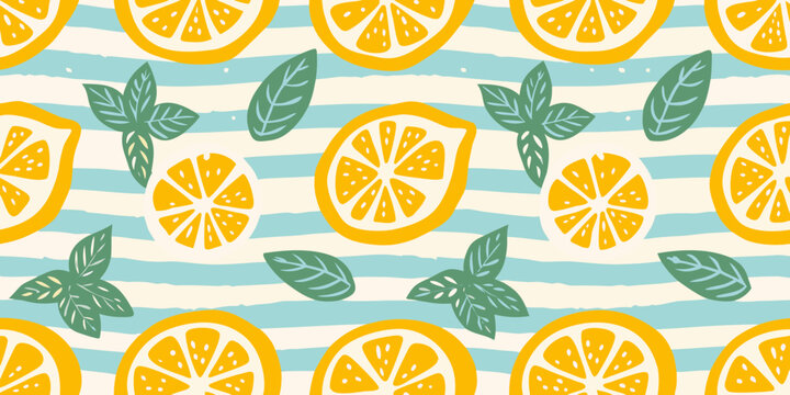 Lemon and mint leaf pattern a repeating summery vector illustration