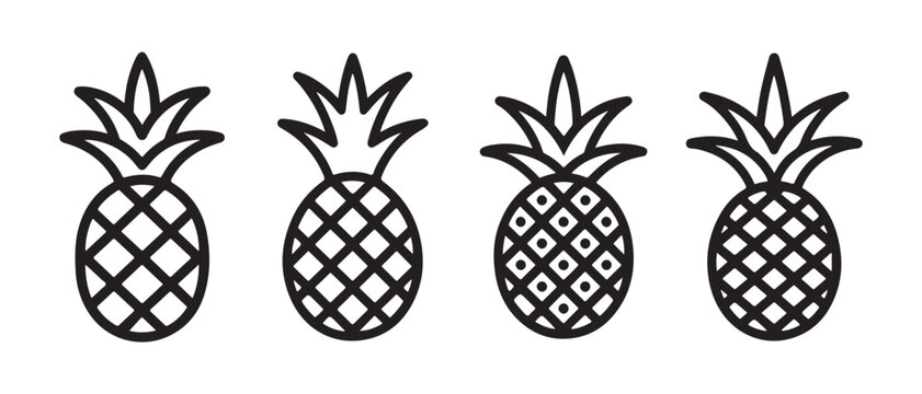 Four simple line art pineapples, arranged in a row, vector illustration.