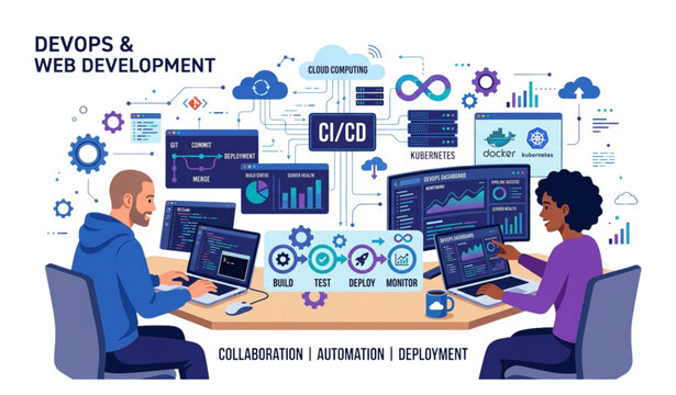 DevOps engineers working on cloud computing and web development flat vector illustration