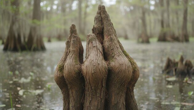Gnarled Cypress Knee with Bulbous Shape and Rough Bark in Swampy Wetland Environment