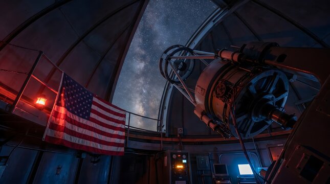 American flag inside observatory dome pointing telescope at starry night sky.